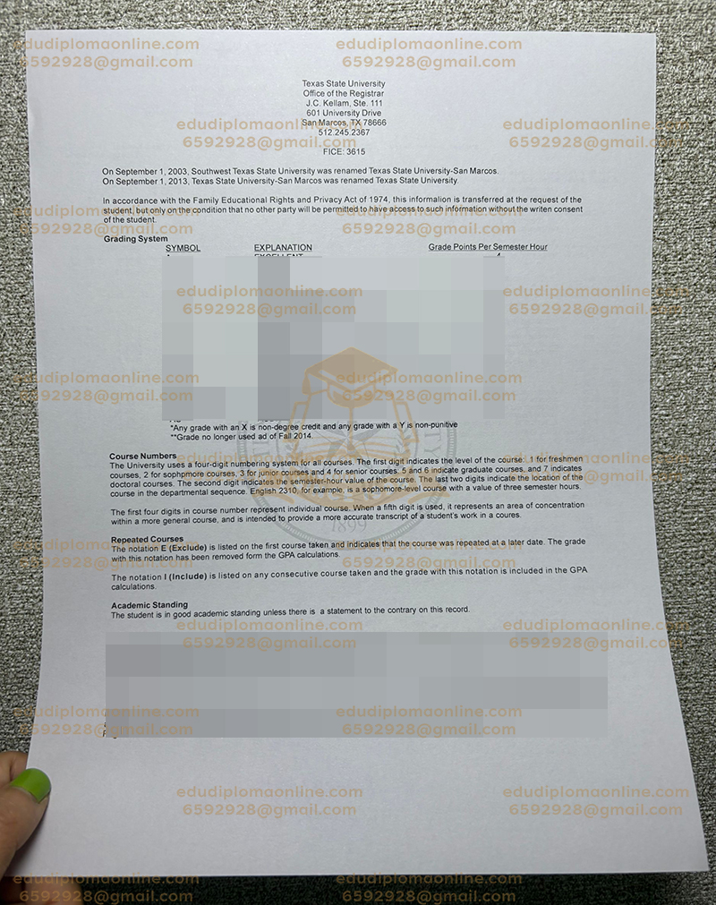 Texas State University transcript back