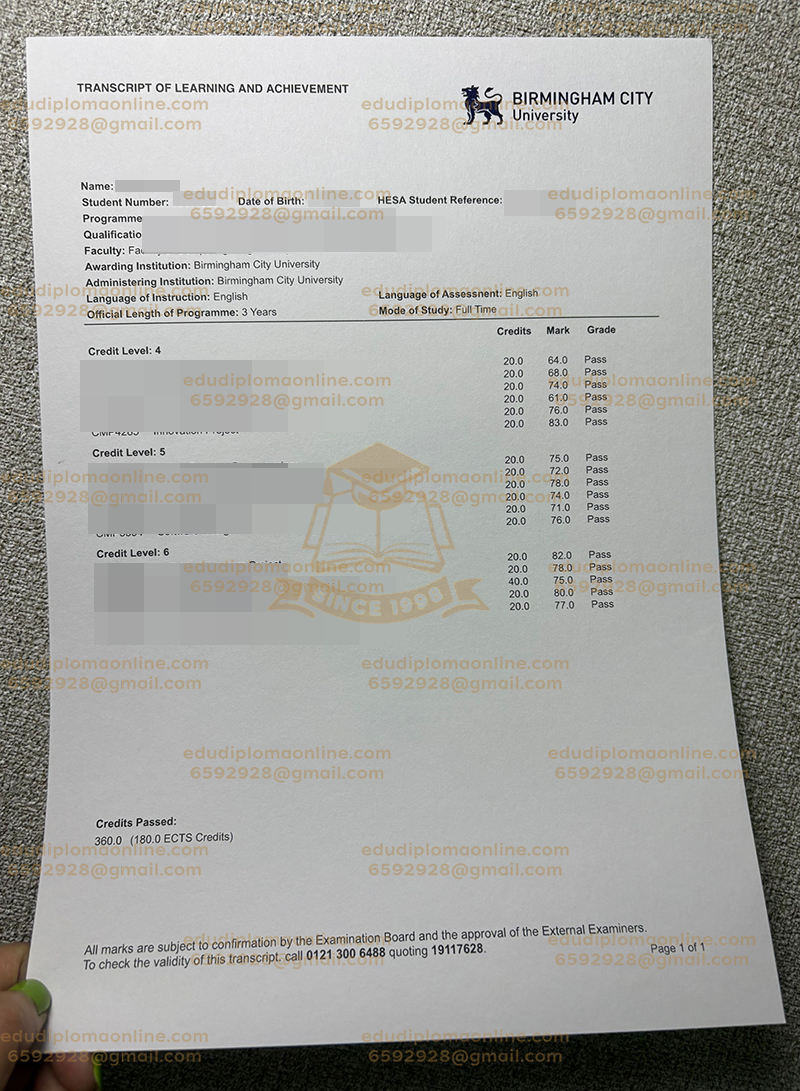 Birmingham City University transcript