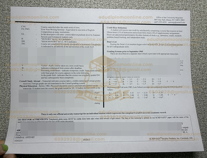 Cornell University transcript back