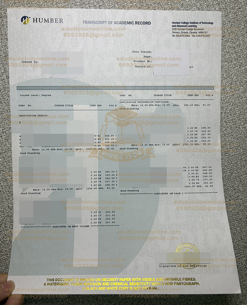 Humber College transcript