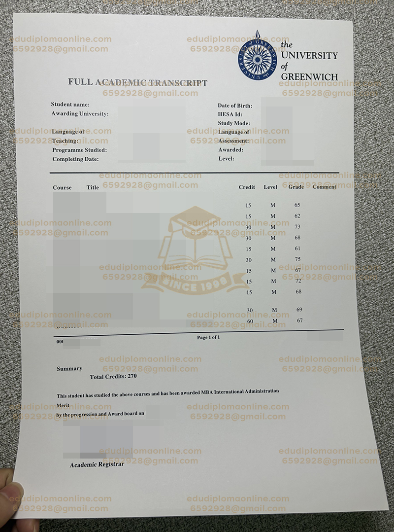 グリニッジ大学成績証明書